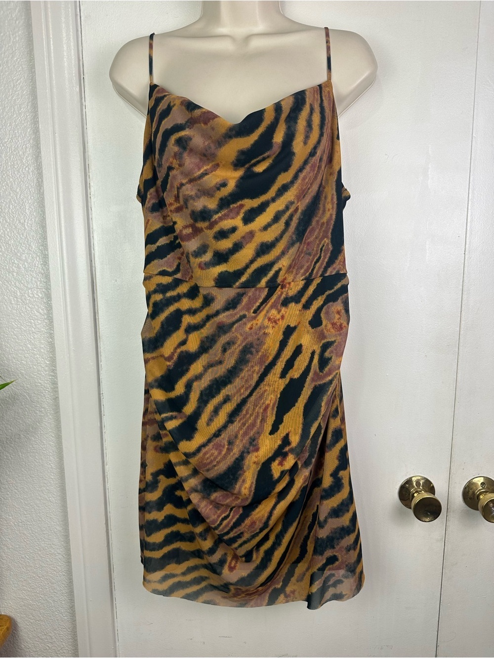 Wayf Animal Print Mini Slip Dress - Black, Brown & Mustard